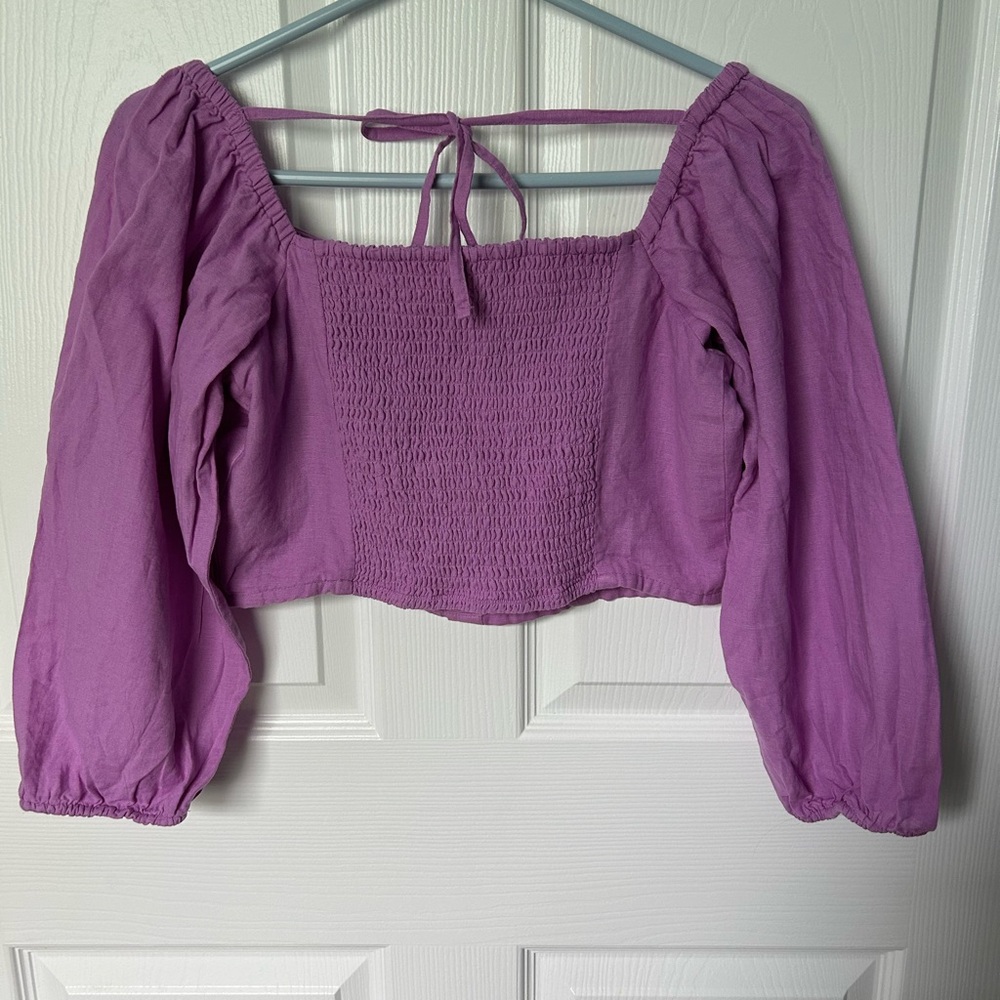 American Eagle Purple Linen Button Crop Puff Sleeve Top Size Medium - Picture 6 of 10